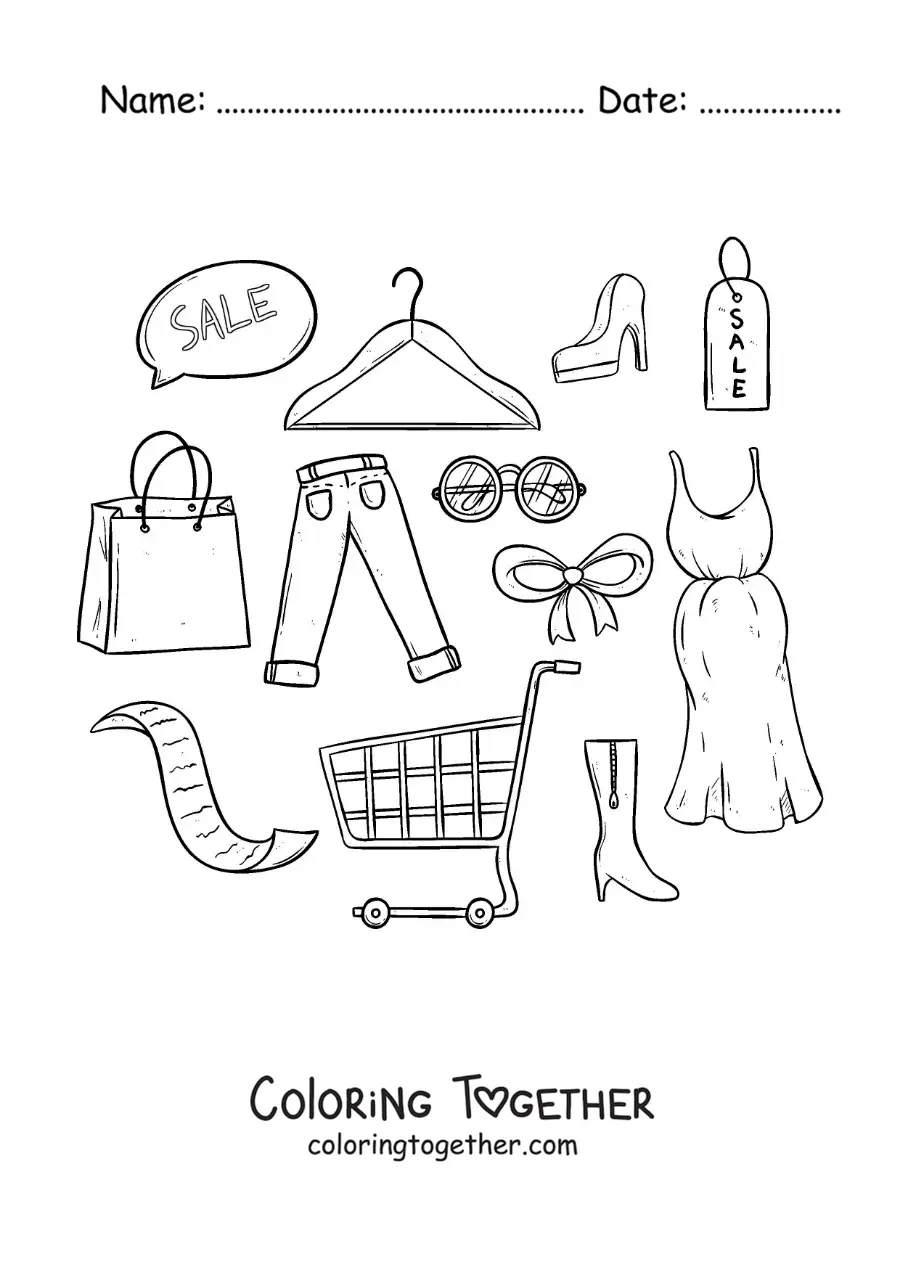 Coloring page of a shopping cart surrounded by clothes