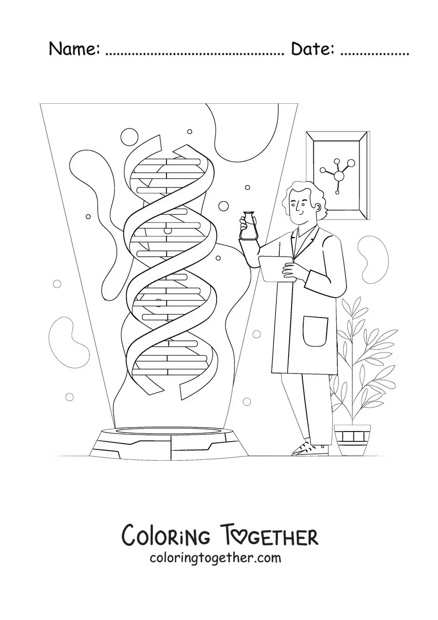Coloring page of a scientist in a genetics laboratory