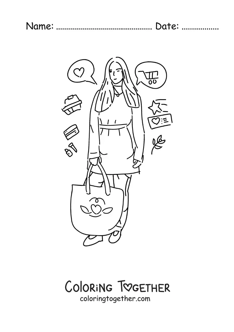 Coloring page of a girl shopping with her bag