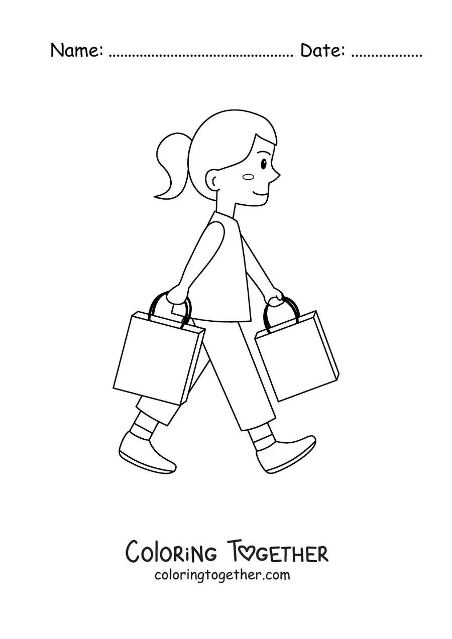 Coloring page of a girl walking with two shopping bags