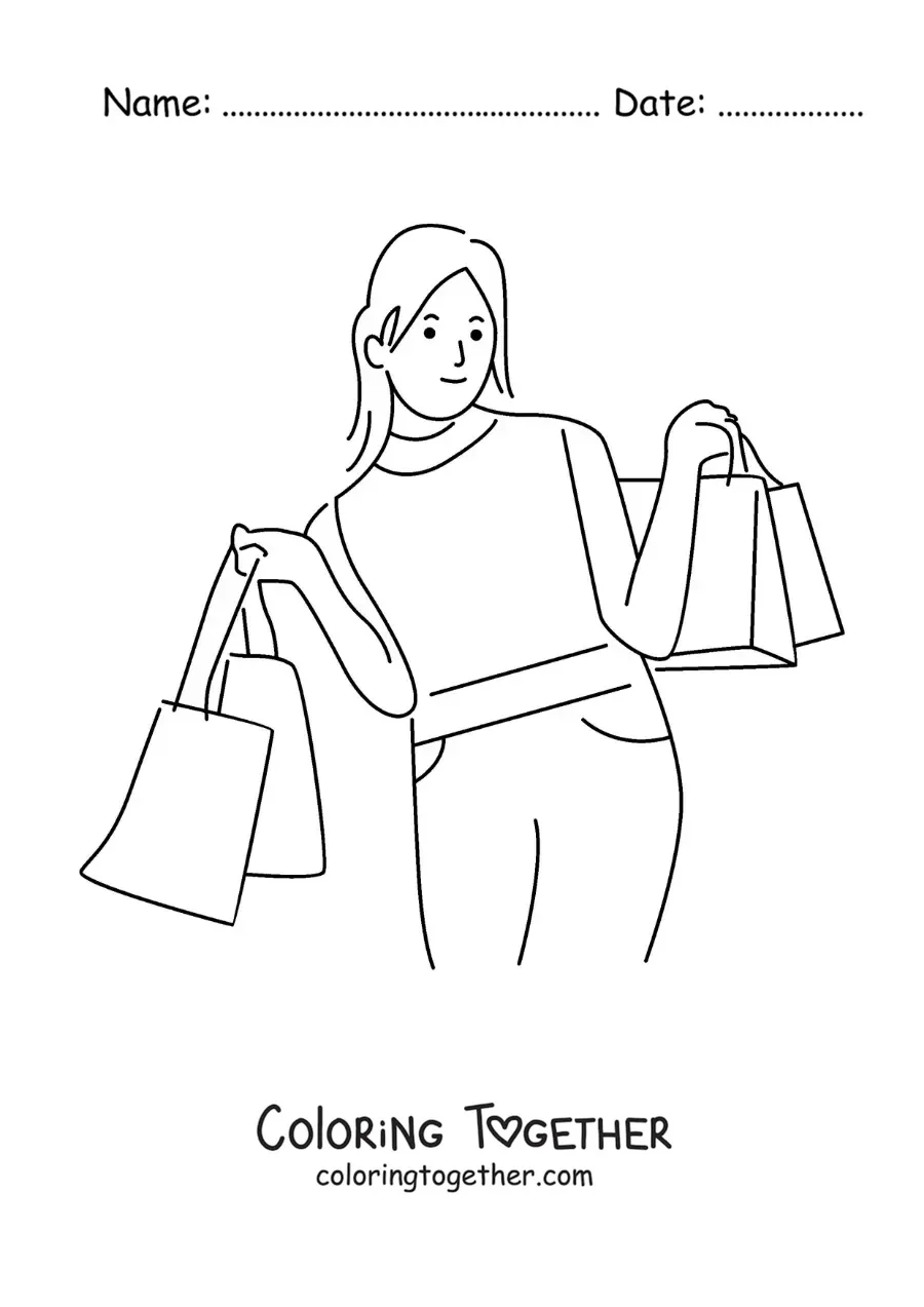 Coloring page of a girl with lots of shopping bags