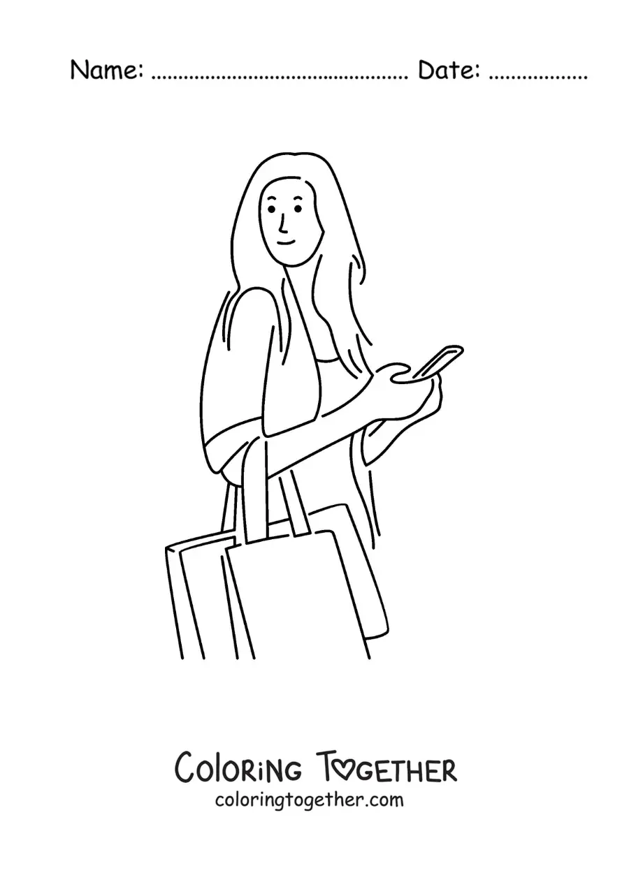 Coloring page of a girl shopping with bags and her phone in hand