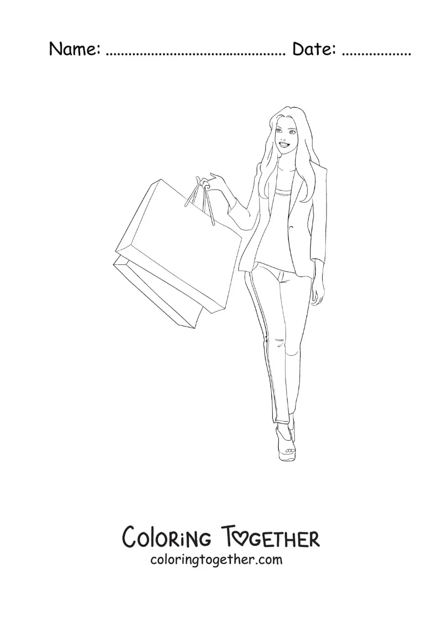 Coloring page of a cute shopping girl
