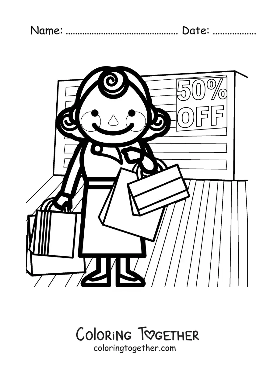 Coloring page of a woman shopping in a store with half price sales
