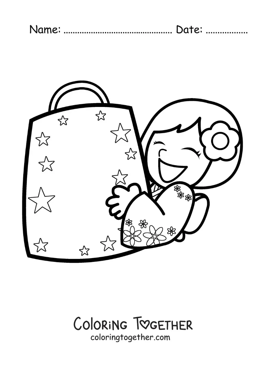 Coloring page of a happy Japanese girl with her shopping bag