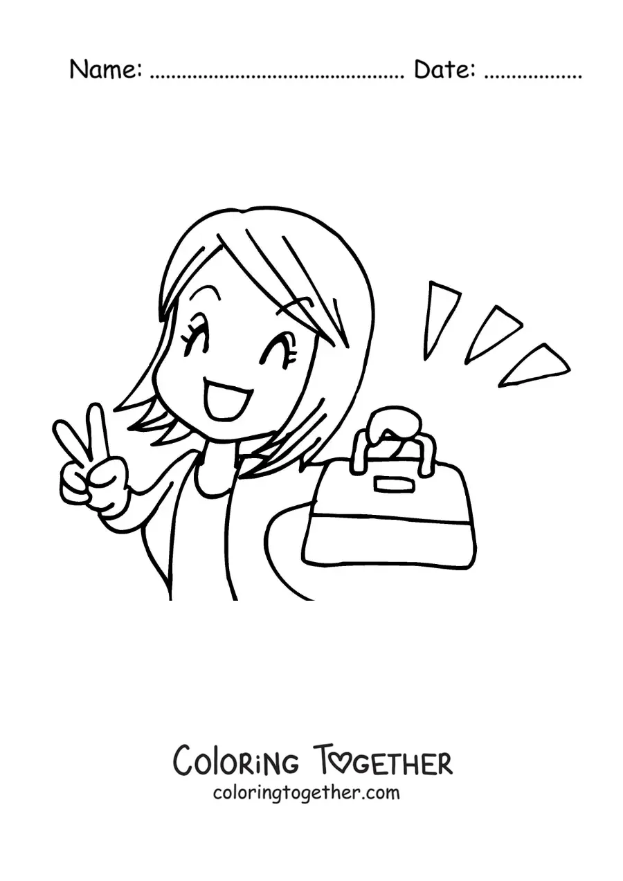 Coloring page of a cartoon of a woman happy about buying a new handbag