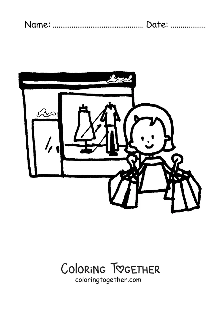 Coloring page of a woman shopping in front of a clothing store with bags