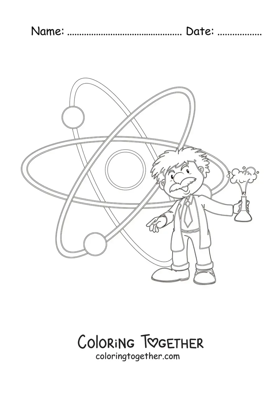 Coloring page of a cartoon Albert Einstein next to an atom