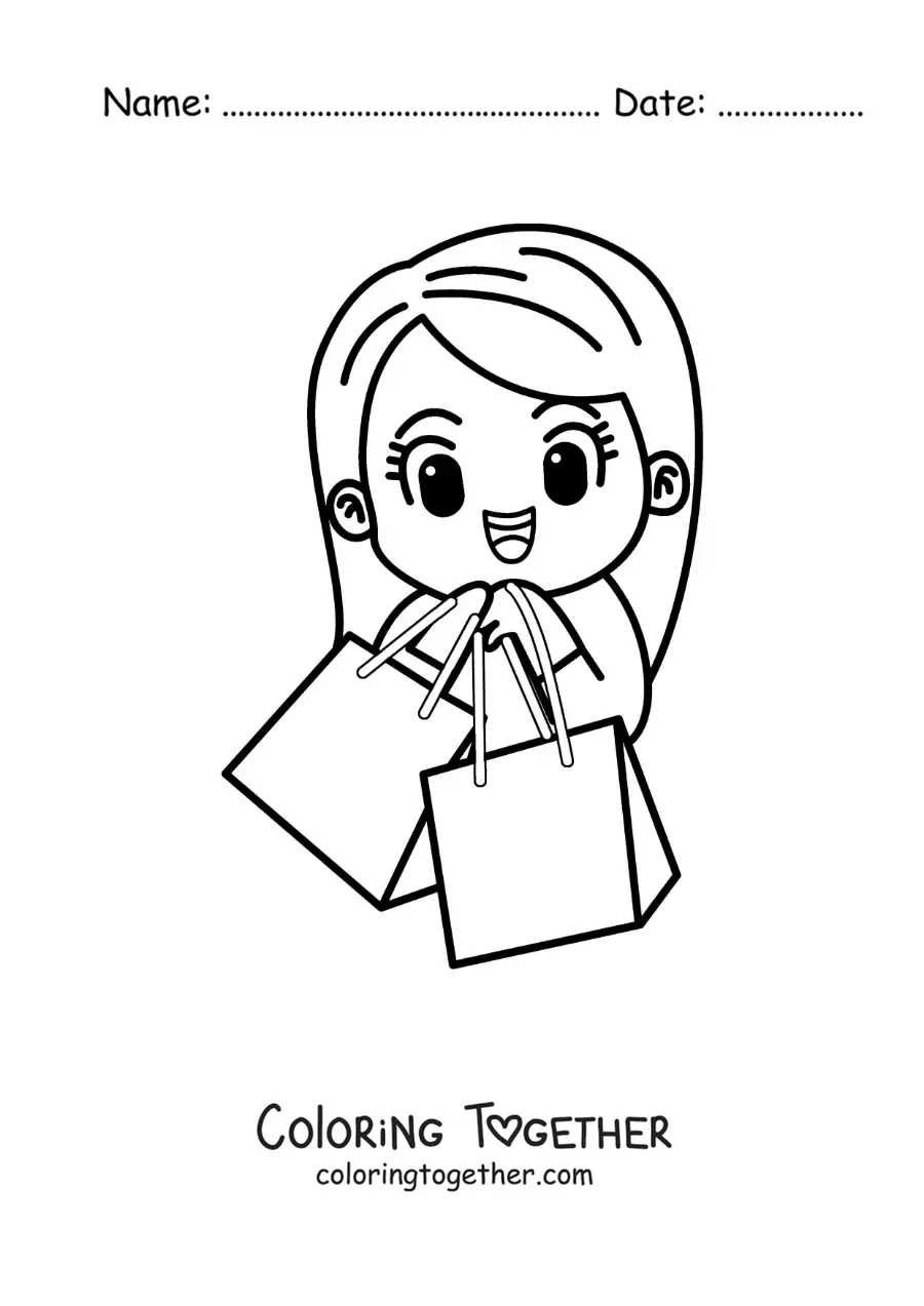 Coloring page of a cute girl shopping