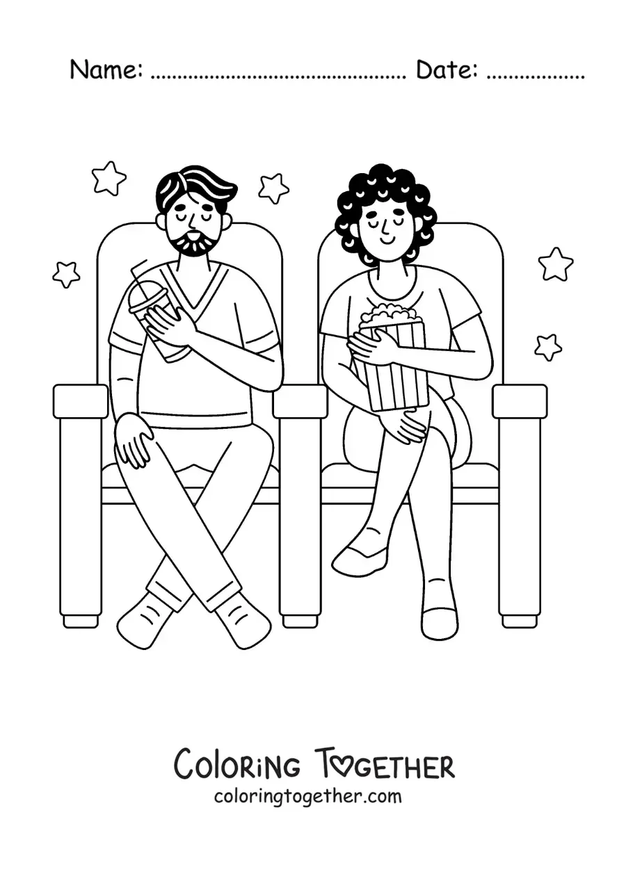 Coloring page of a girl and a boy with popcorn at the movies