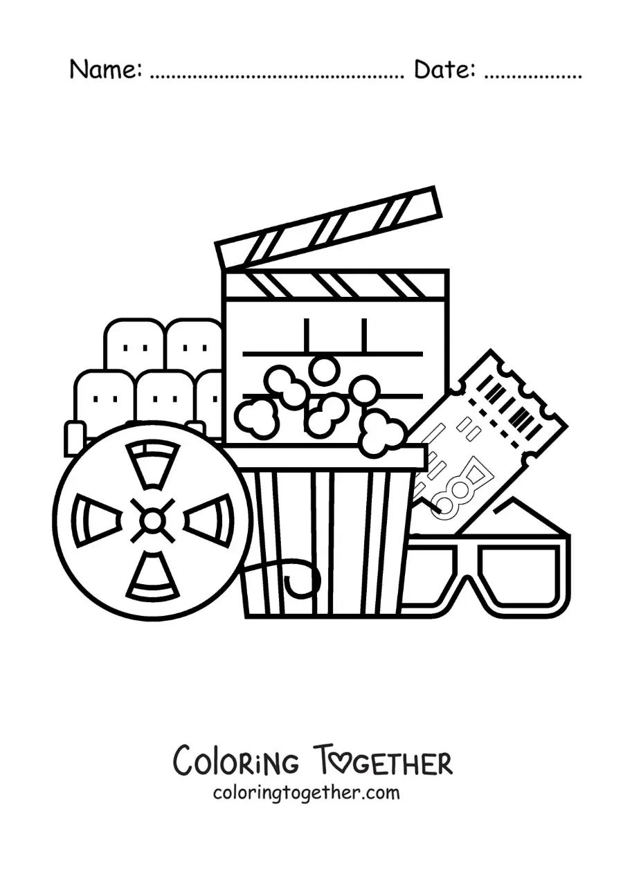 Coloring page of popcorn, glasses, a ticket, and other movie items