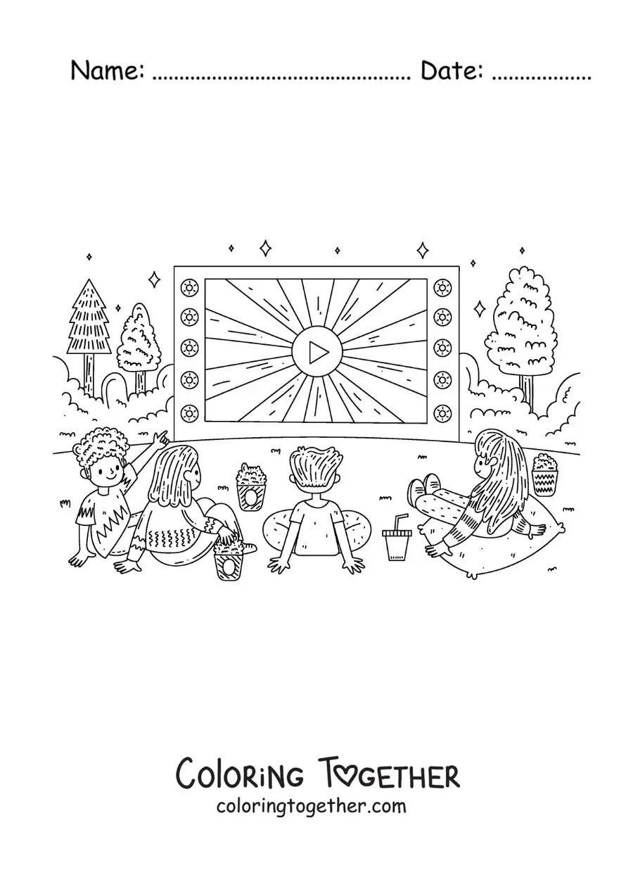 Coloring page of children watching an outdoor screening