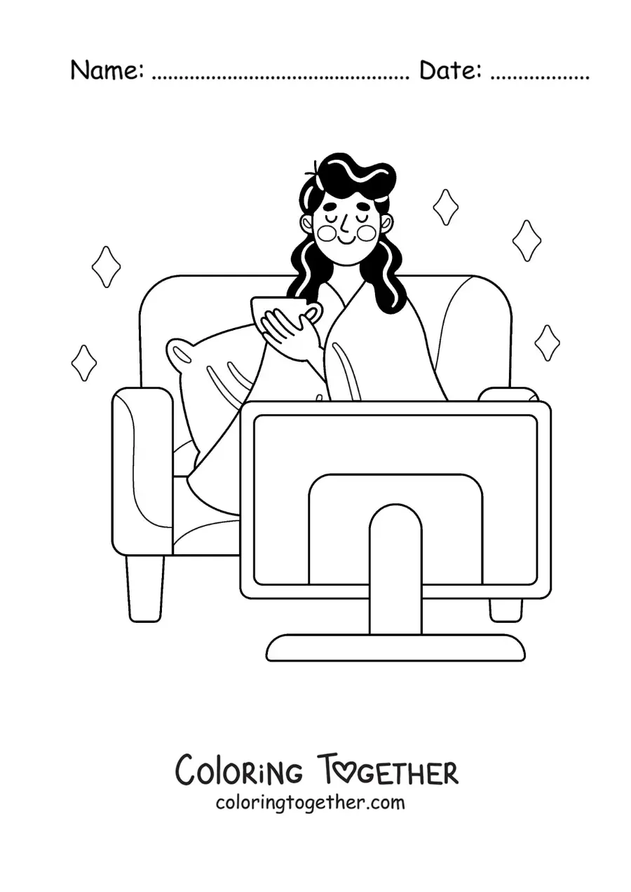 Coloring page of a girl with a blanket watching movies at home