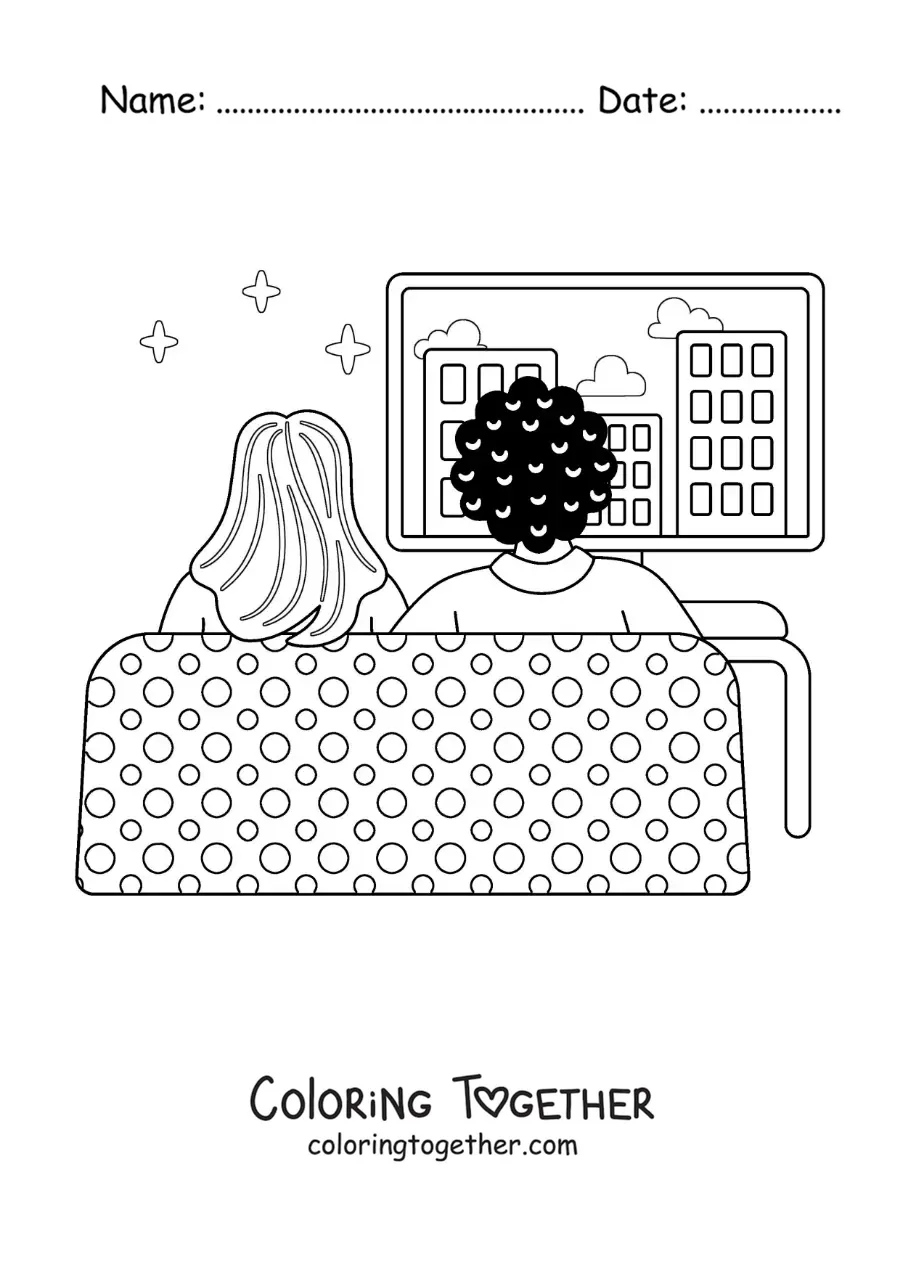 Coloring page of a couple watching movies at home