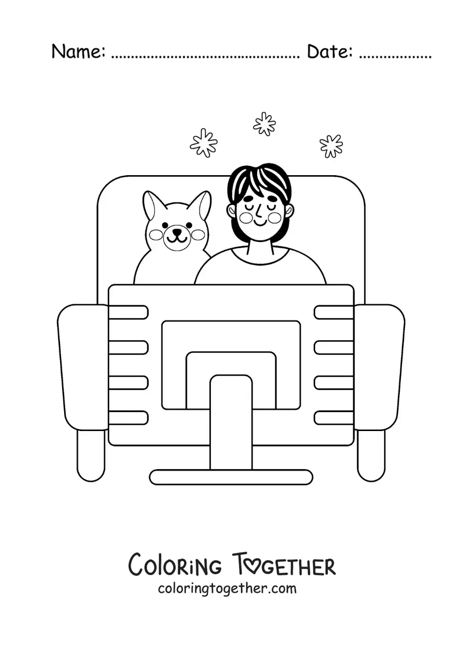 Coloring page of a boy and his dog watching movies at home