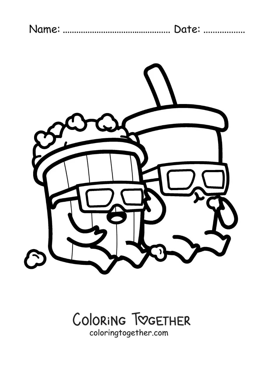 Coloring page of cute cartoon movie theater popcorn and soda