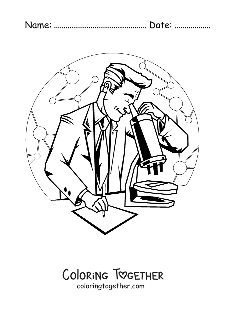 Coloring page of a scientist looking through a microscope