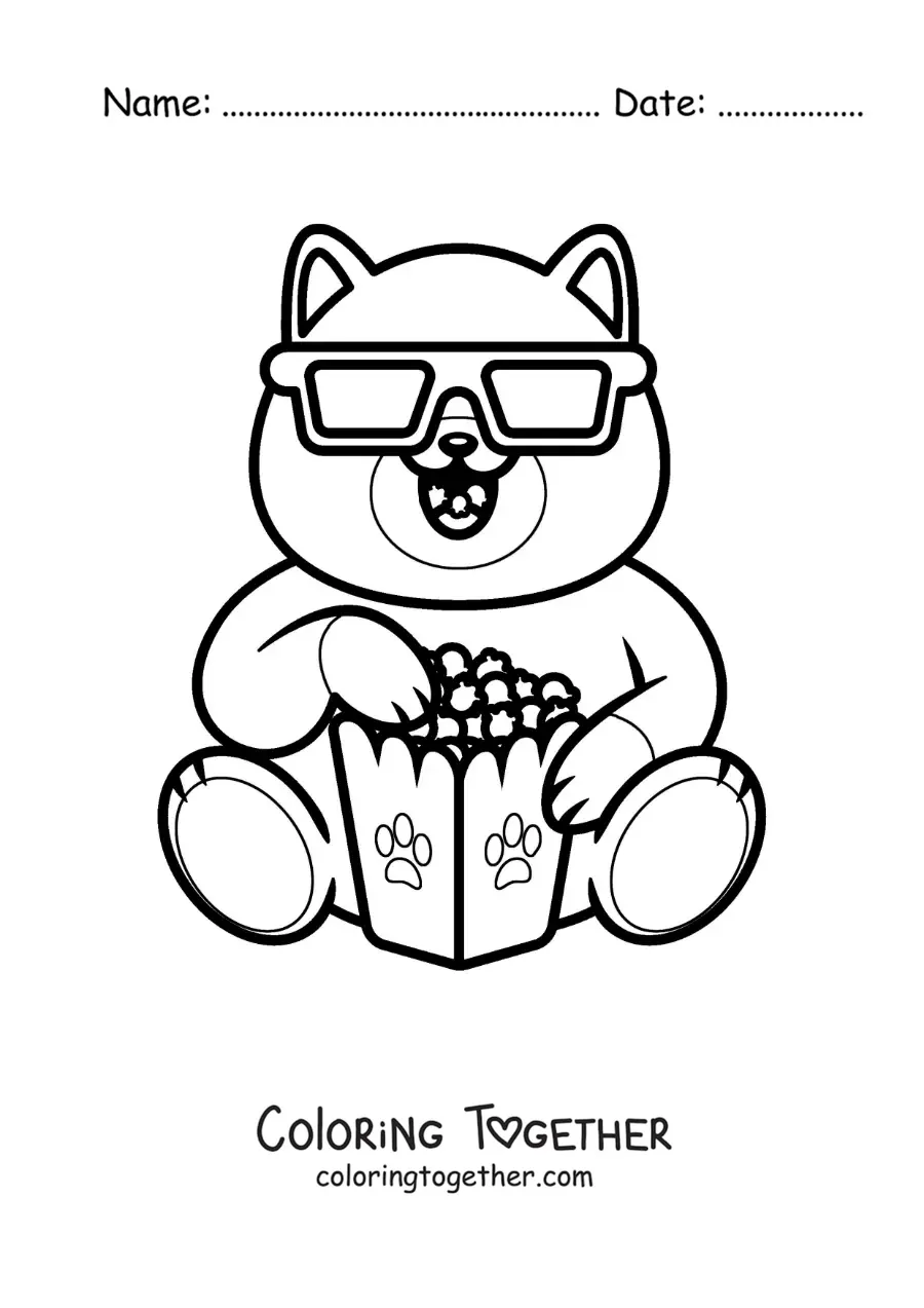Coloring page of a cartoon cat with 3D glasses eating popcorn