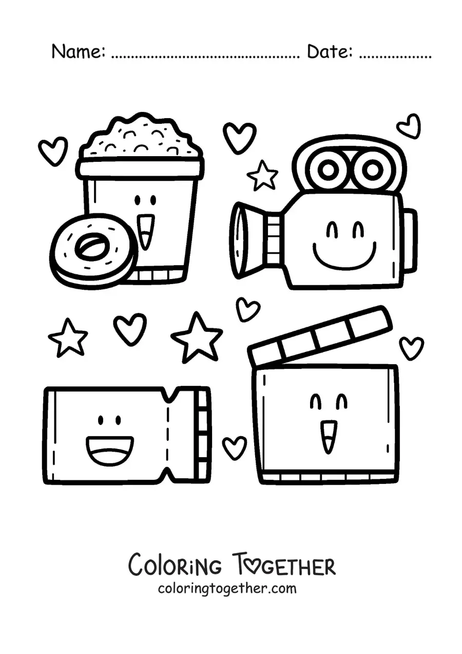 Coloring page of a cartoon projector, camera, popcorn, and other movie elements