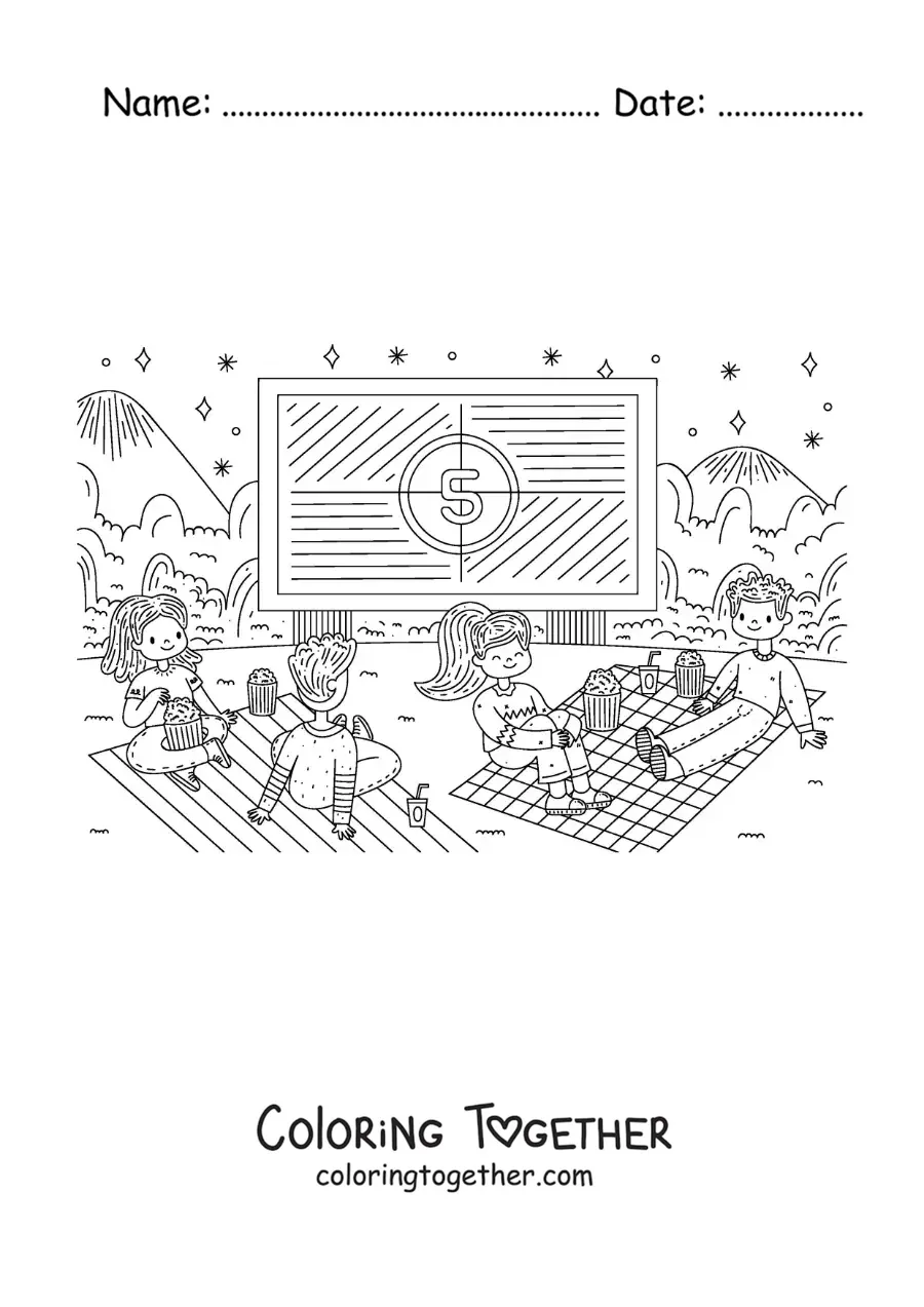 Coloring page of young couples watching a movie outdoors in a park