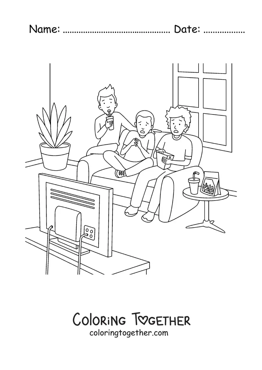 Coloring page of three kids watching a horror movie at home