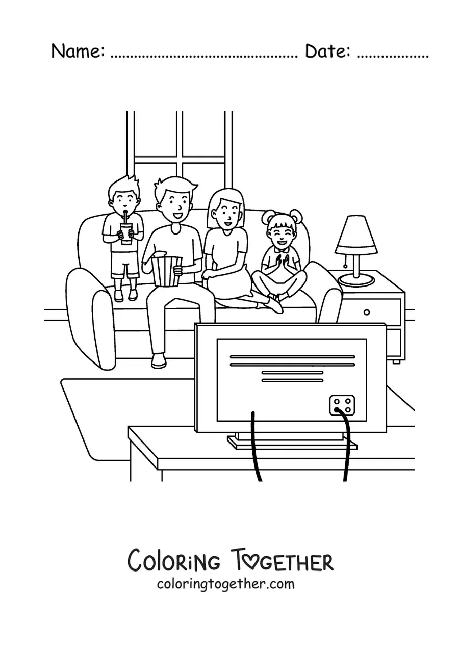 Coloring page of a family with children watching a movie at home