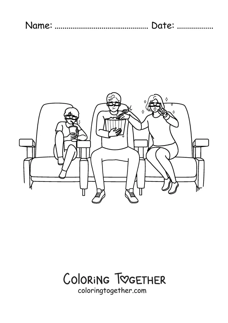 Coloring page of mom, dad, and son watching a movie at the cinema