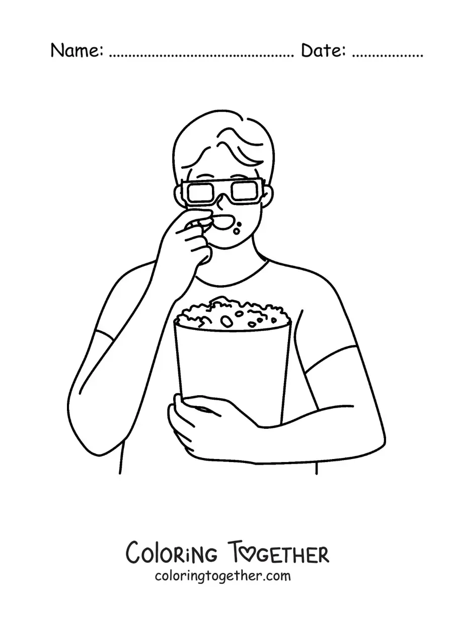 Coloring page of a boy with 3D glasses eating popcorn