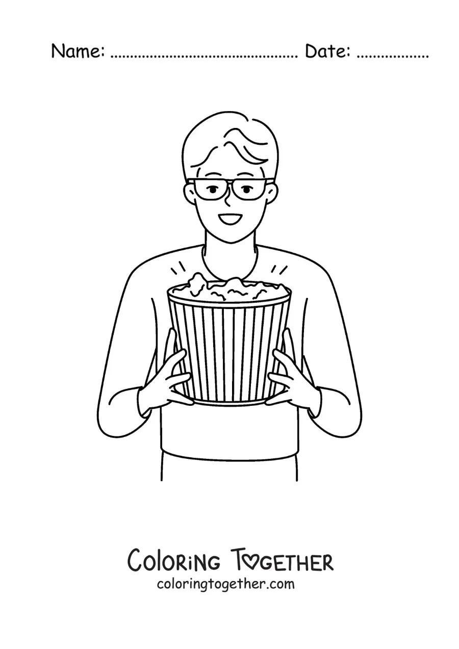 Coloring page of a boy with movie theater popcorn