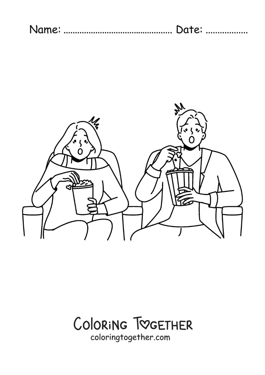 Coloring page of a couple watching a horror movie at the cinema