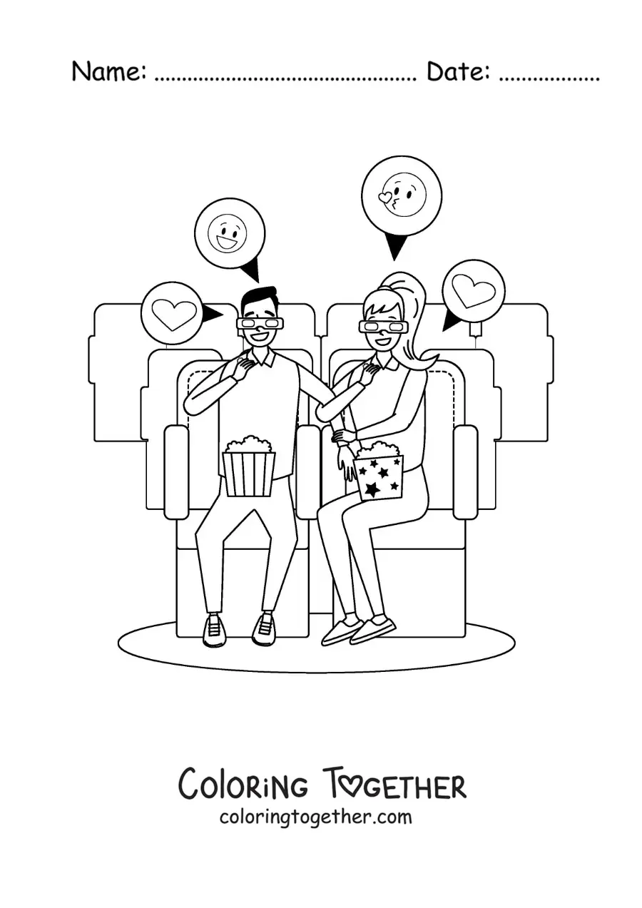 Coloring page of a couple watching a movie on a date at the cinema