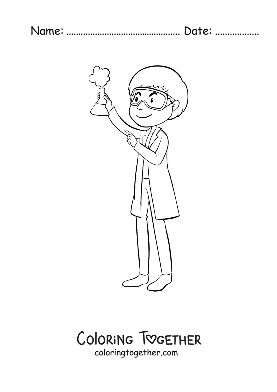 Coloring page of a scientist with protective goggles