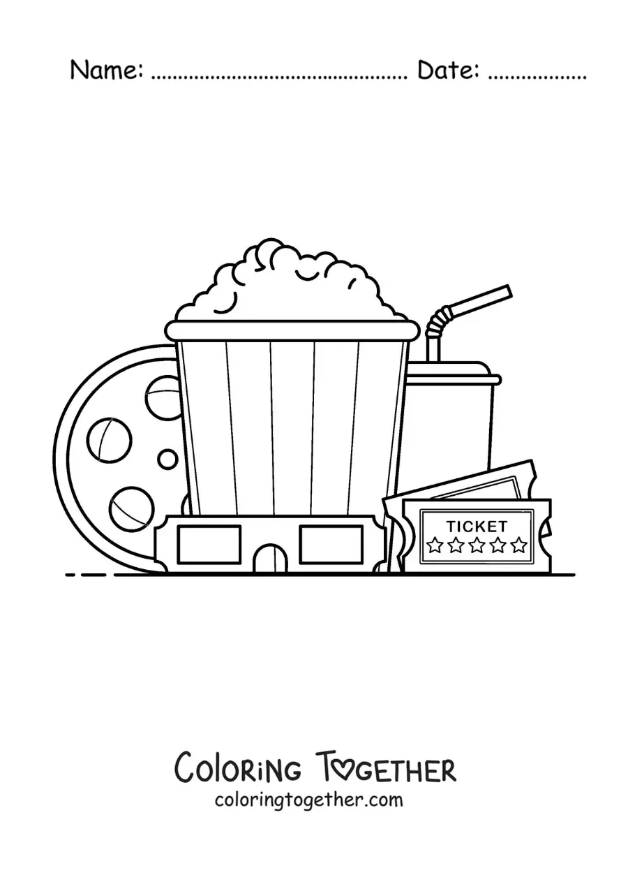 Coloring page of tickets, popcorn, a film reel, 3D glasses, and other movie elements