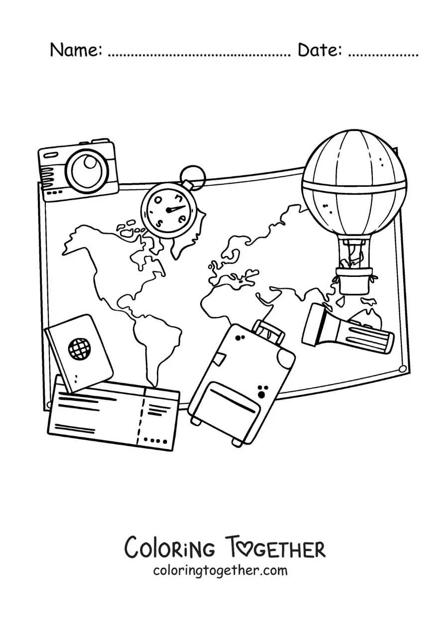 Coloring page of a map, suitcase, tickets, and other travel elements