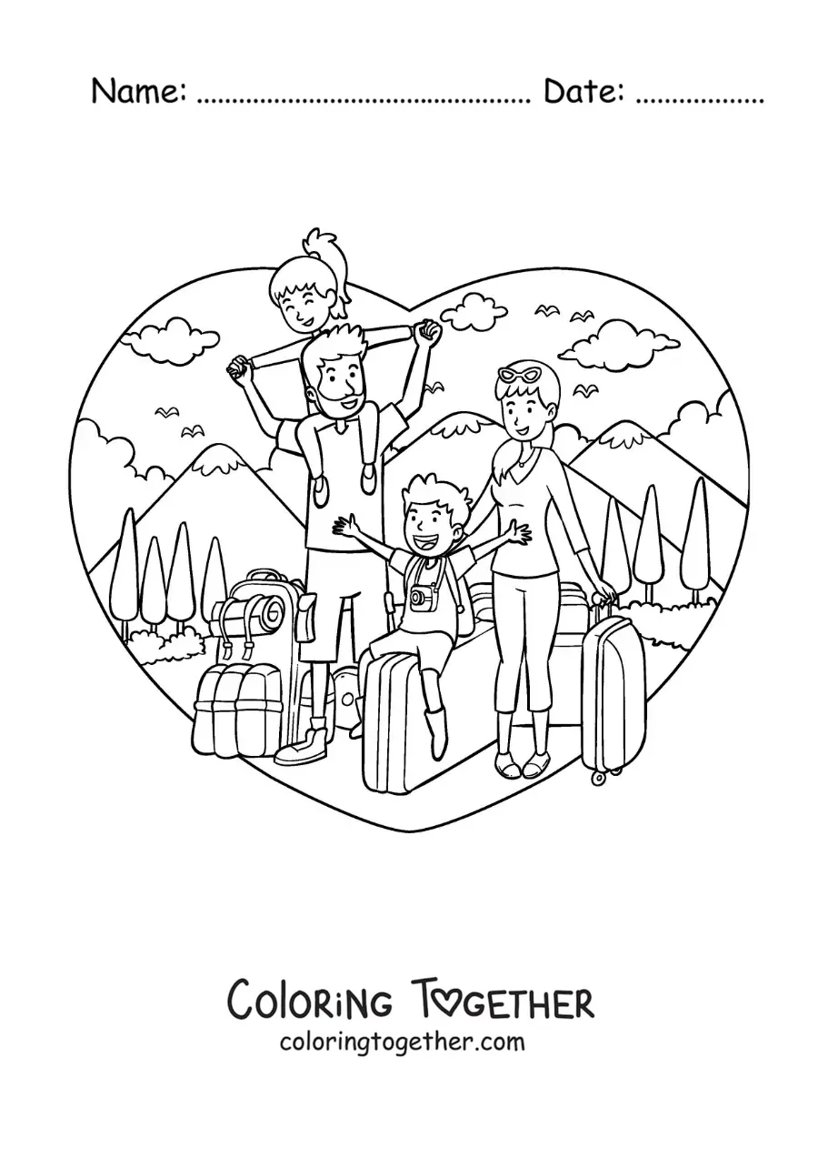 Coloring page of a family with children with travel suitcases in nature