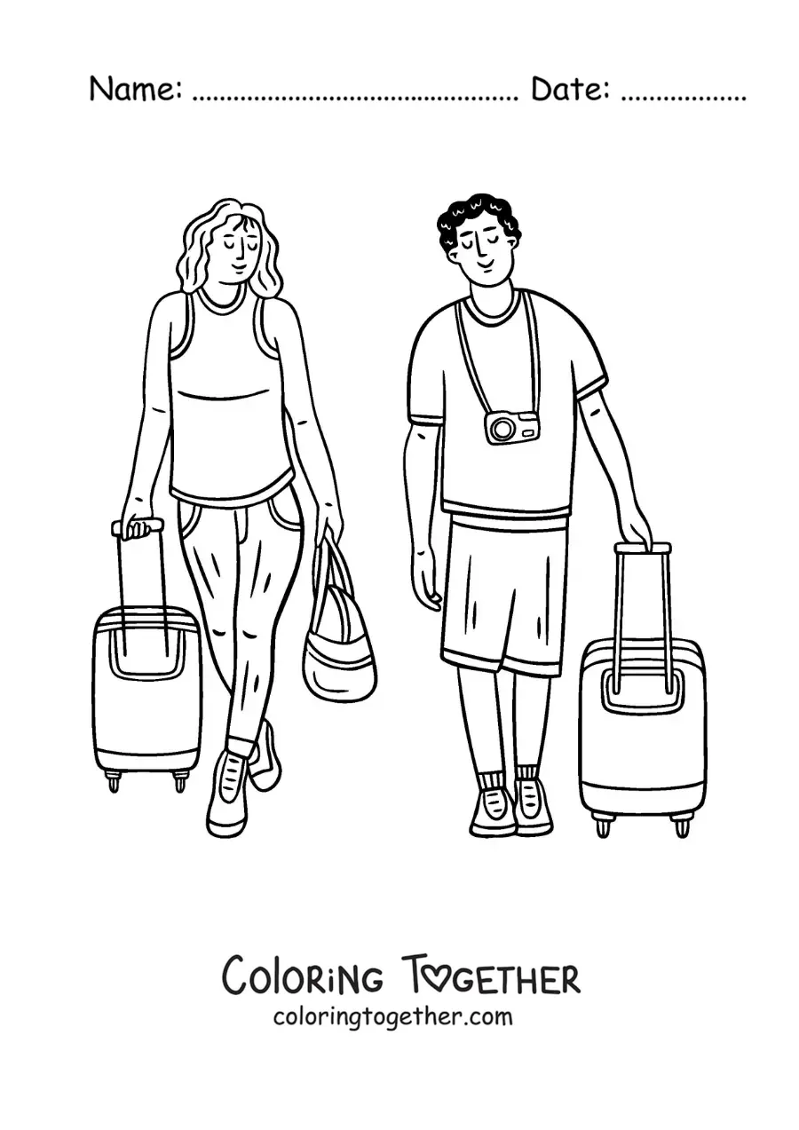 Coloring page of a couple of travelers with suitcases