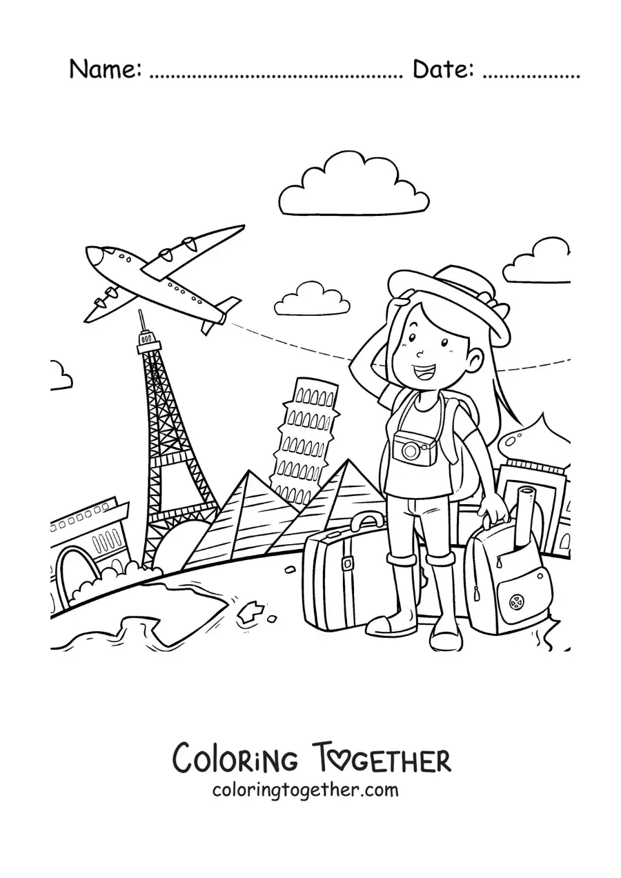 Coloring page of a tourist girl with travel suitcases around the world