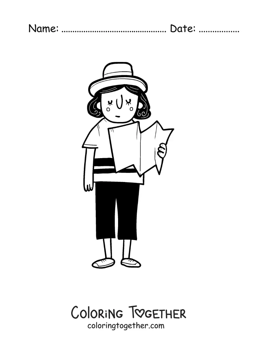Coloring page of a cartoon of a tourist girl reading a map