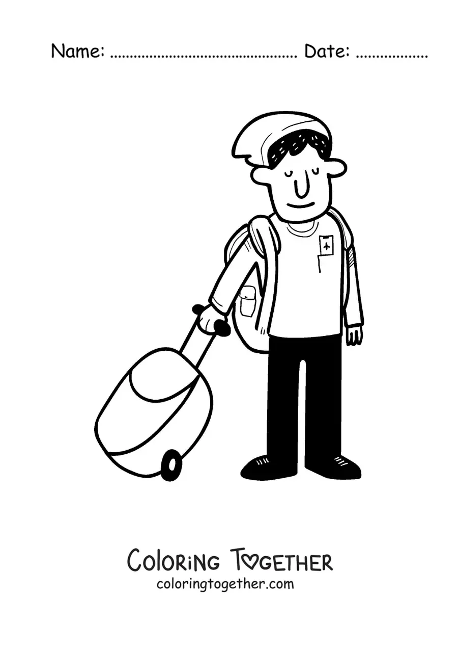 Coloring page of a cartoon of a traveler boy with his suitcase