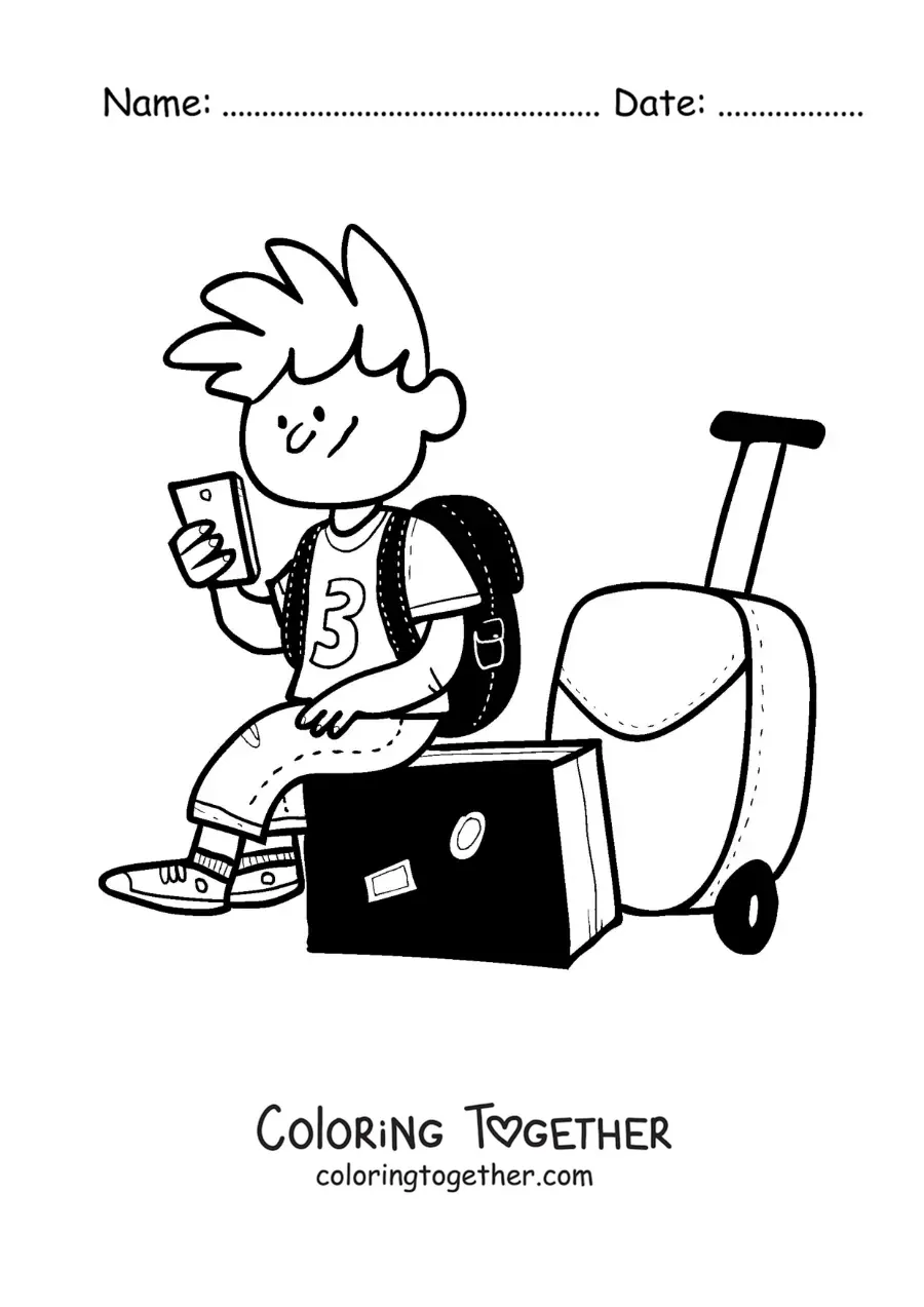 Coloring page of a cartoon of a traveler boy sitting on his suitcase