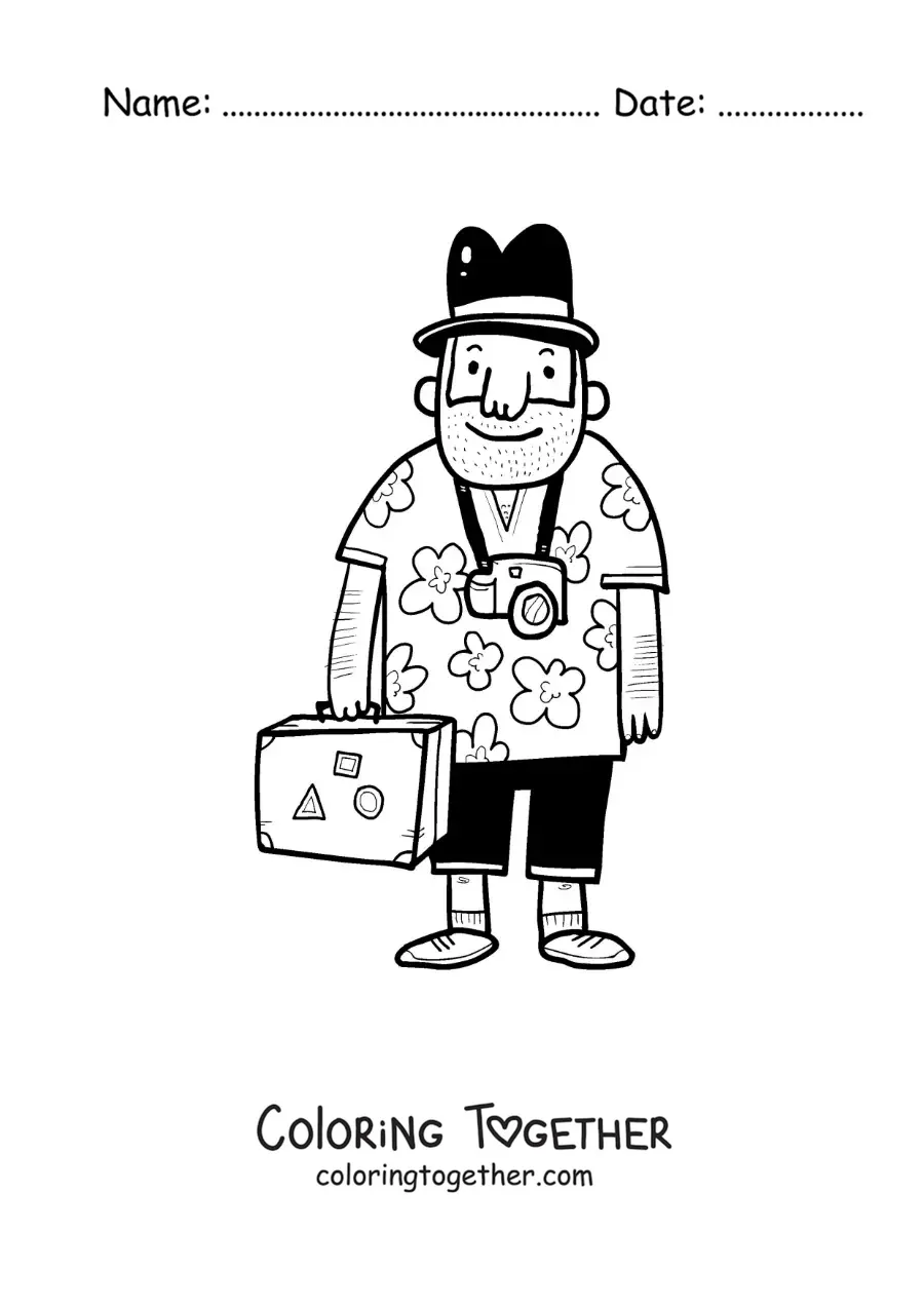 Coloring page of a cartoon of a tourist with a flowered shirt, camera, and suitcase
