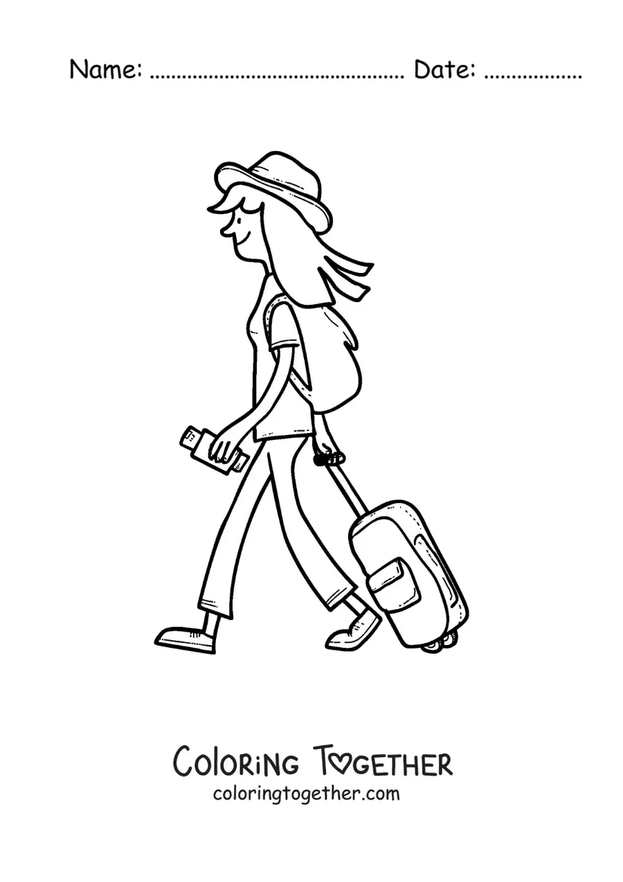 Coloring page of a girl traveling walking with her luggage