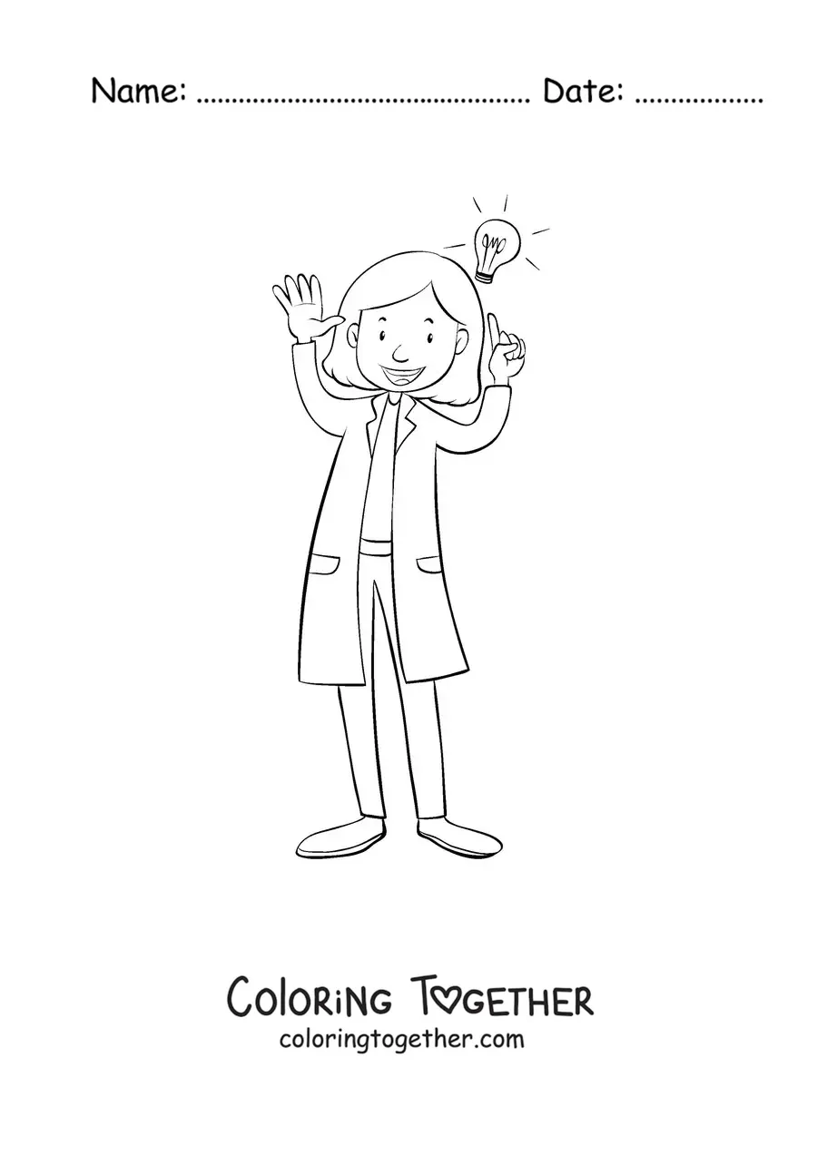 Coloring page of a cartoon woman scientist