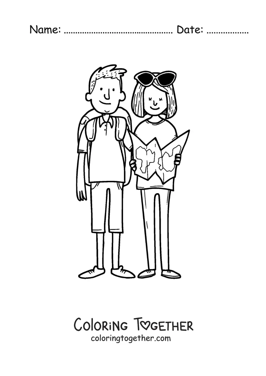Coloring page of a couple of backpackers reading a map