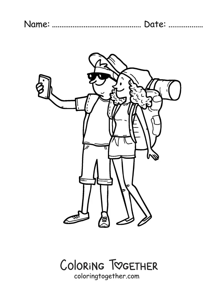 Coloring page of a couple of backpackers taking a selfie