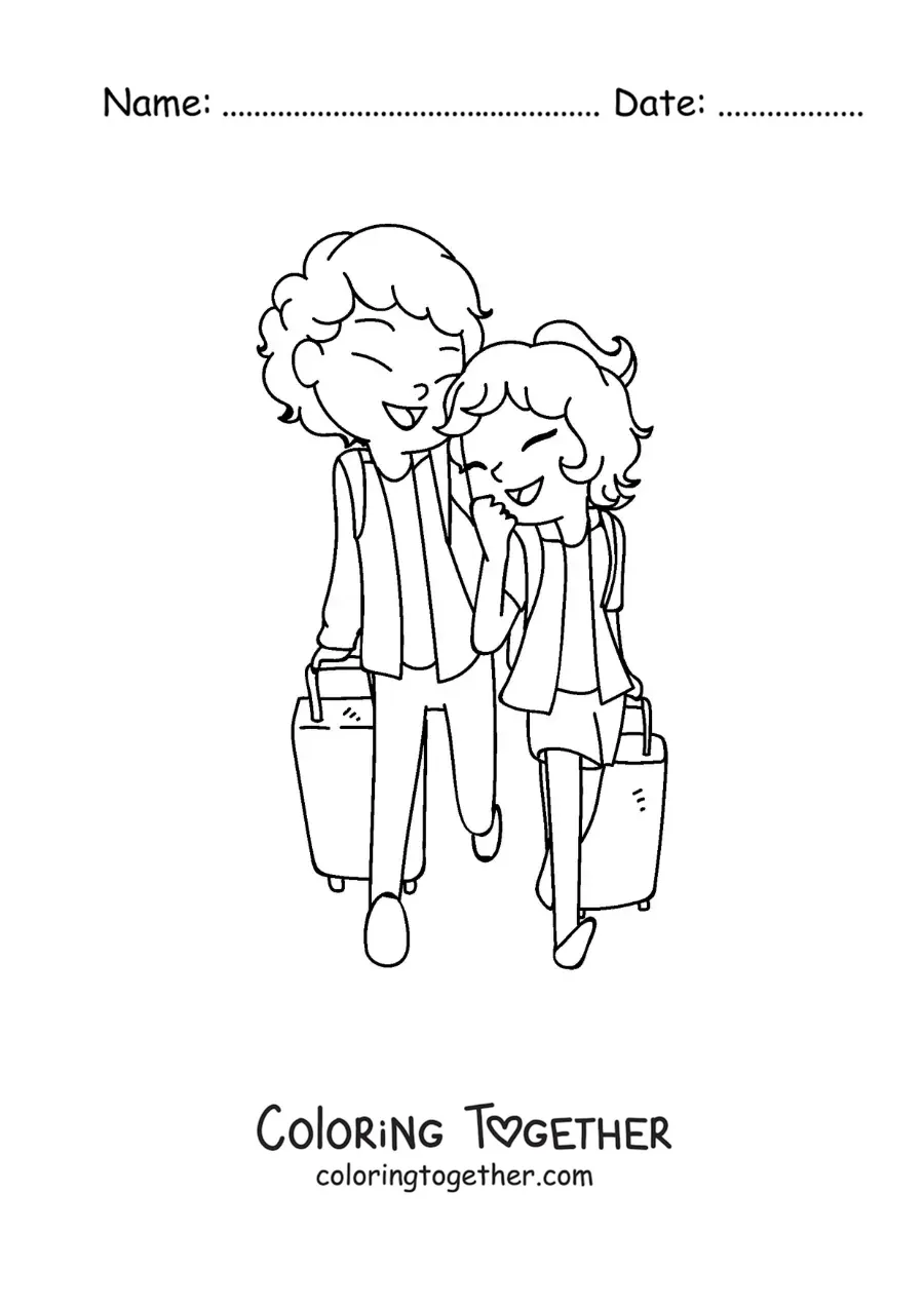 Coloring page of a cute couple traveling with suitcases