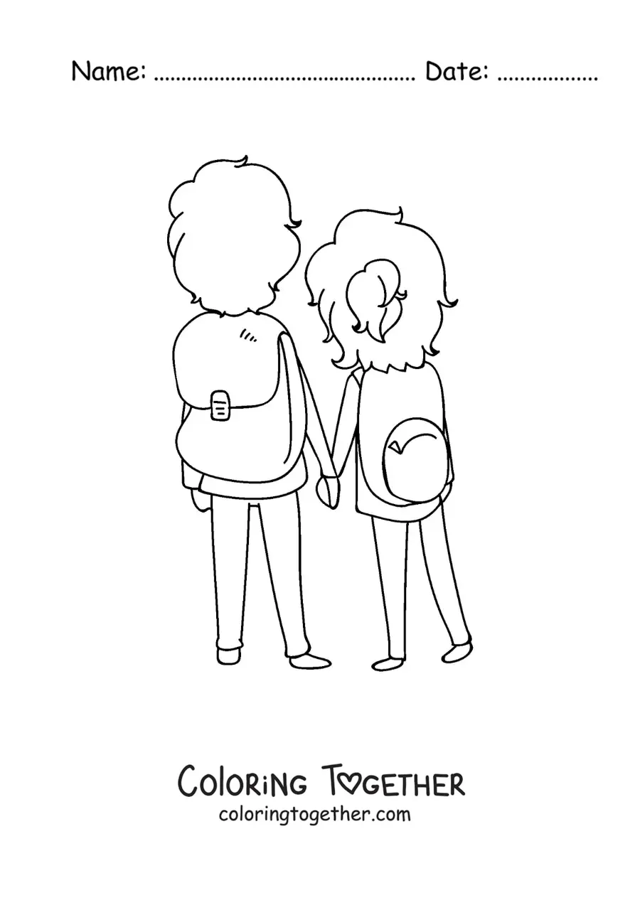 Coloring page of a couple of backpackers seen from behind