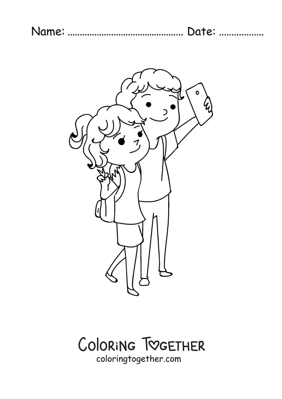Coloring page of a cute couple of backpackers taking a selfie