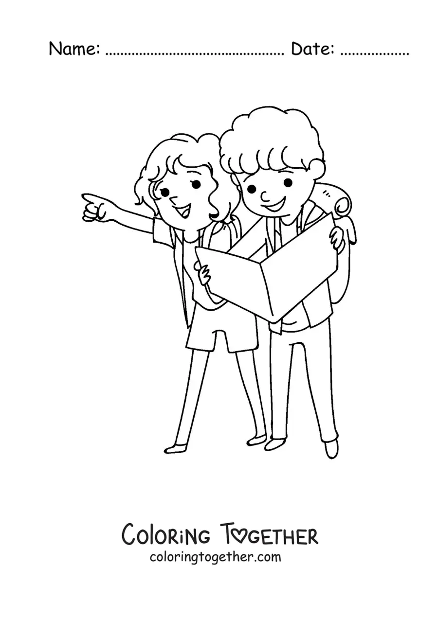 Coloring page of a cute couple of backpackers reading a map