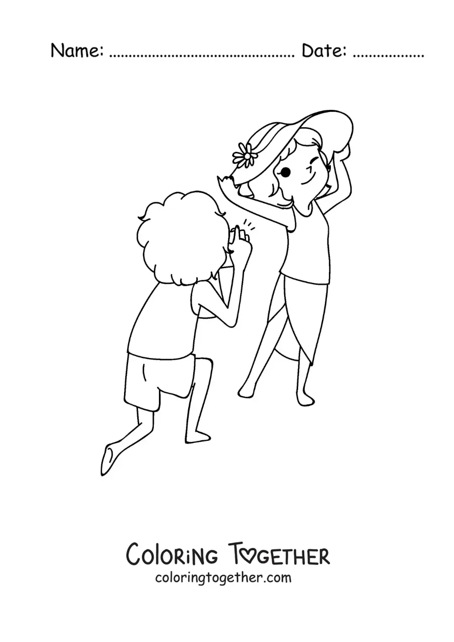 Coloring page of a kawaii couple of tourists taking photos at the beach